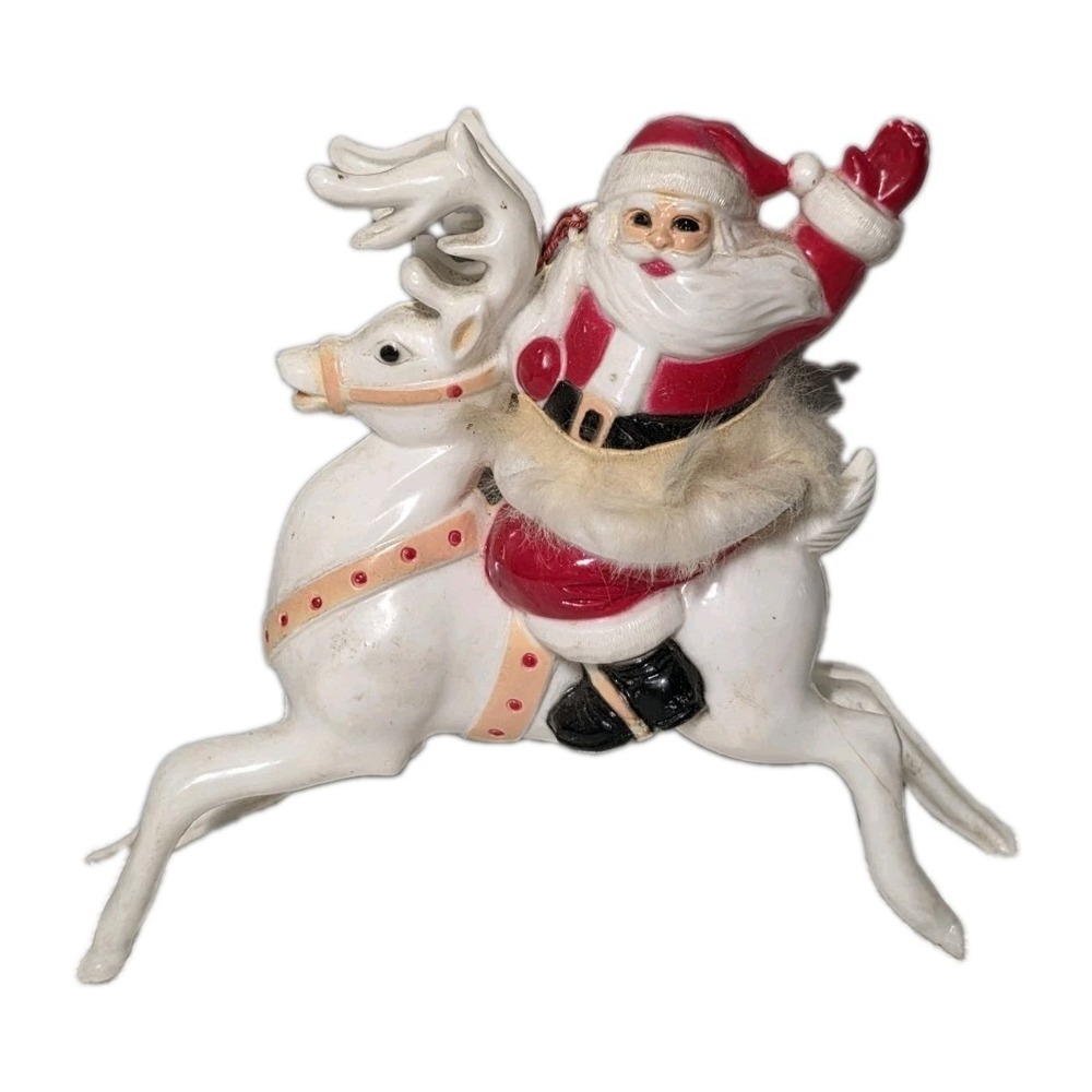 Vintage 1950s Rosbro Santa on Reindeer - 7.5" Hard Plastic with Fur & Bell